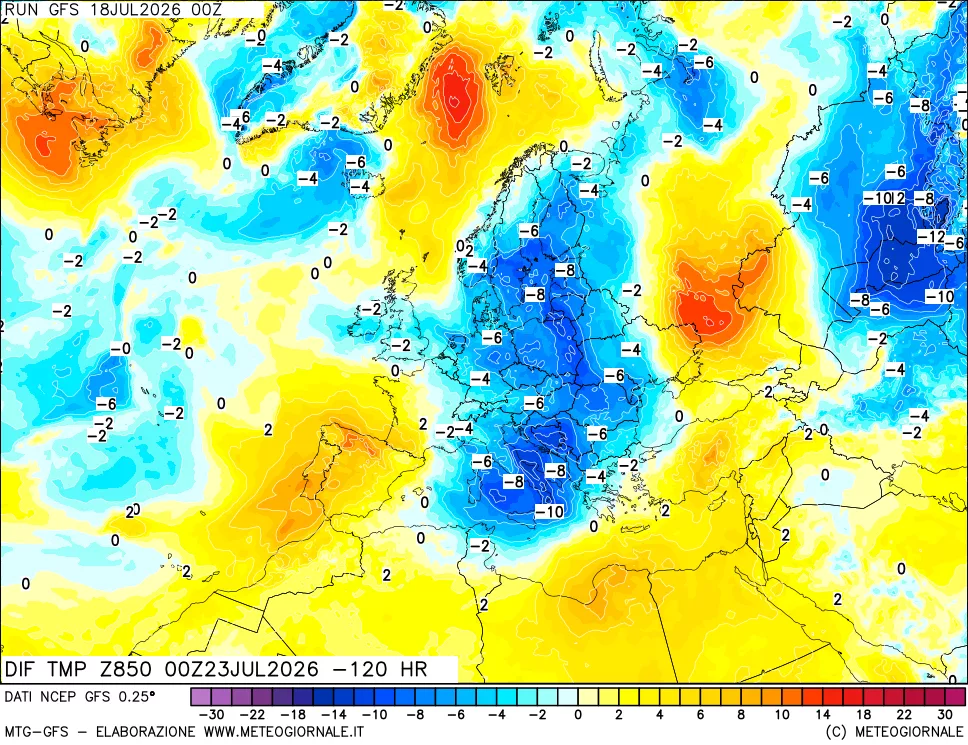 mappa Dif. Temp a 850 hPa Valid - Init