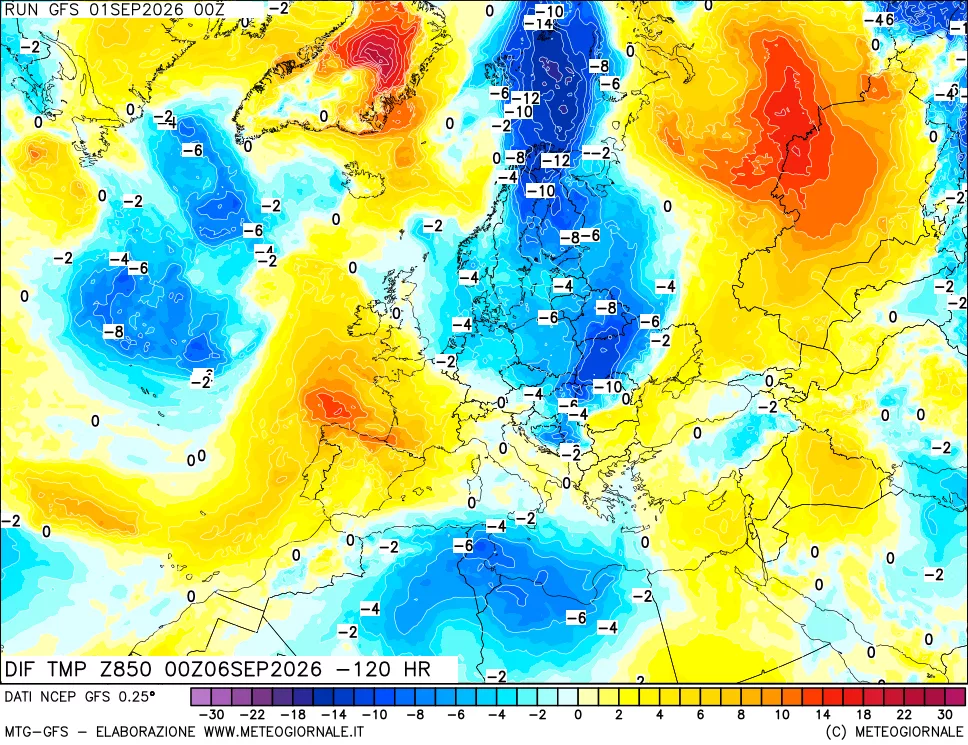 mappa Dif. Temp a 850 hPa Valid - Init