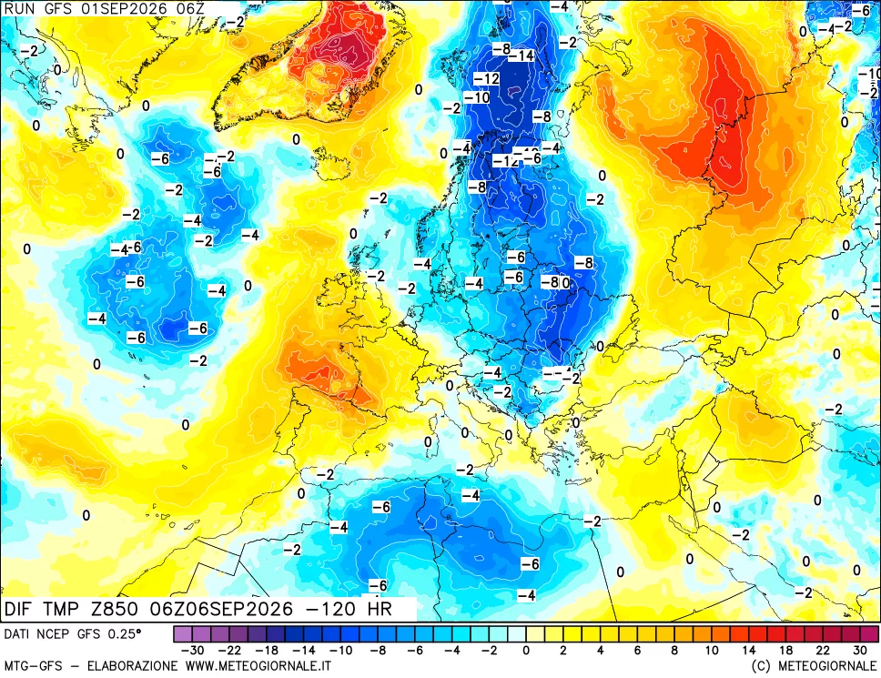 mappa Dif. Temp a 850 hPa Valid - Init