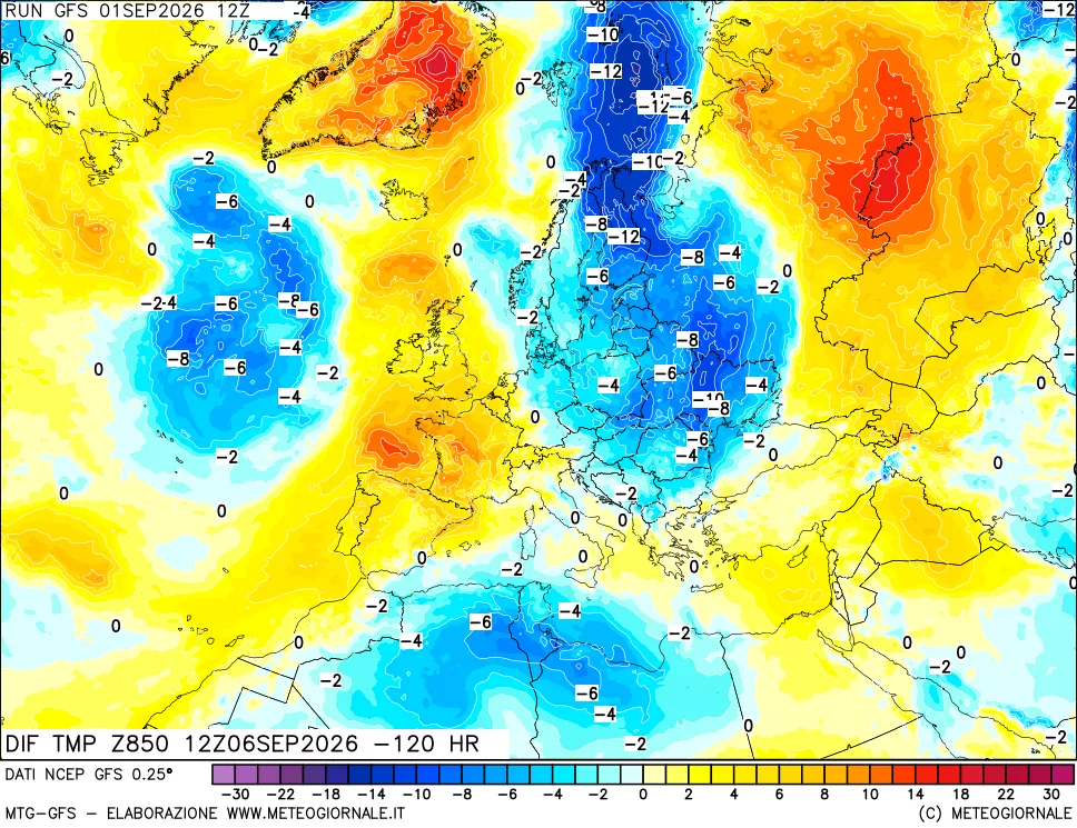 mappa Dif. Temp a 850 hPa Valid - Init