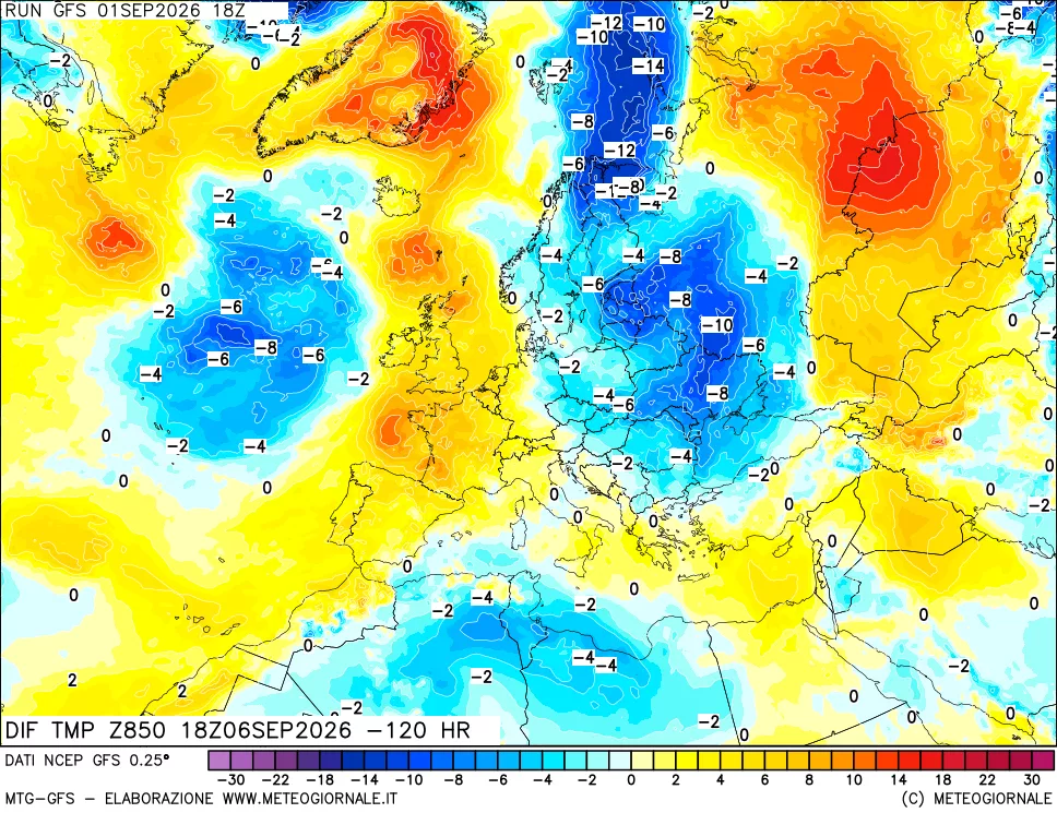 mappa Dif. Temp a 850 hPa Valid - Init