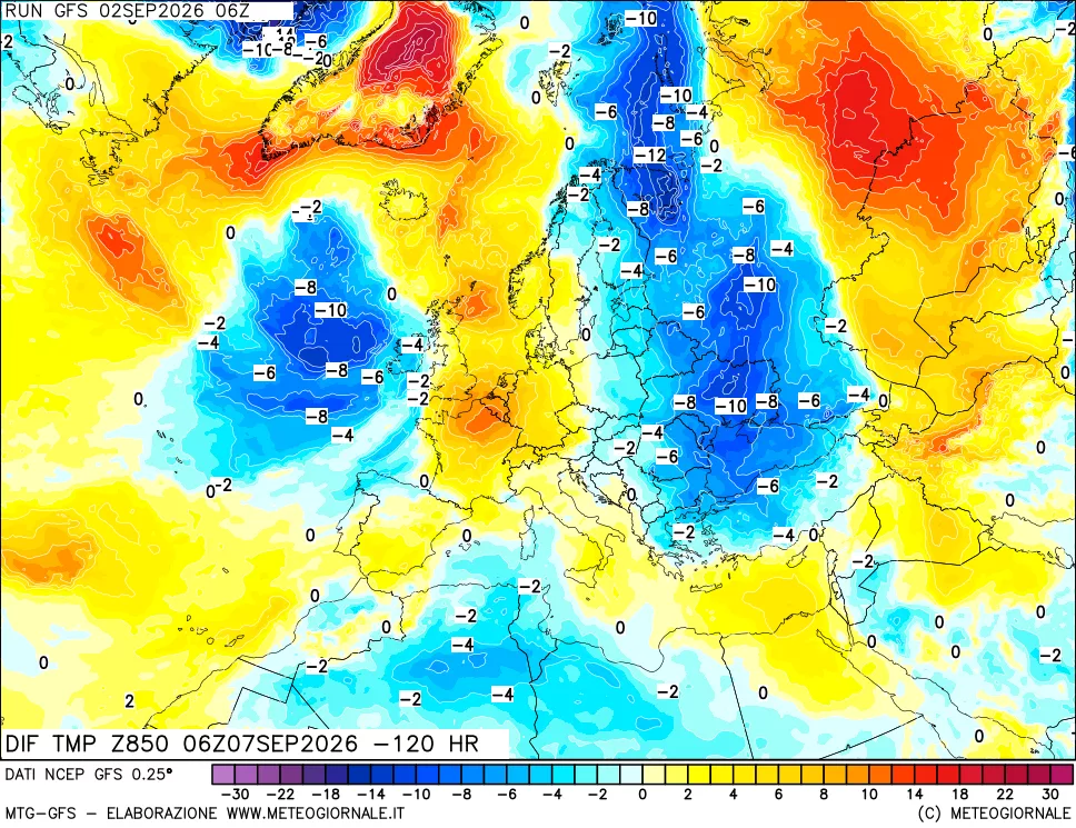mappa Dif. Temp a 850 hPa Valid - Init