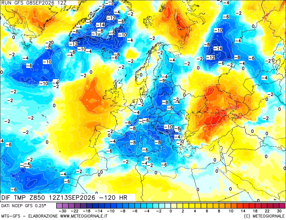 mappa Dif. Temp a 850 hPa Valid - Init