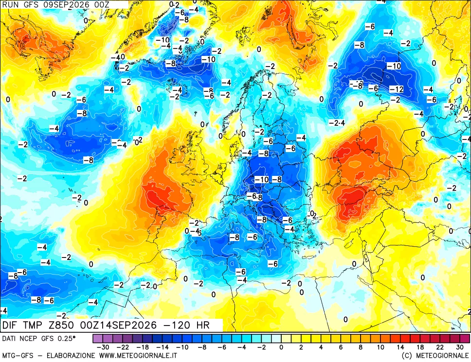 mappa Dif. Temp a 850 hPa Valid - Init