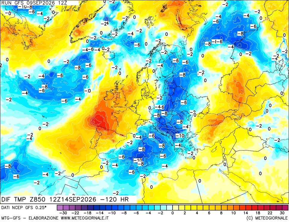 mappa Dif. Temp a 850 hPa Valid - Init