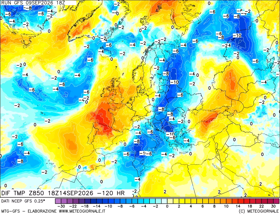 mappa Dif. Temp a 850 hPa Valid - Init