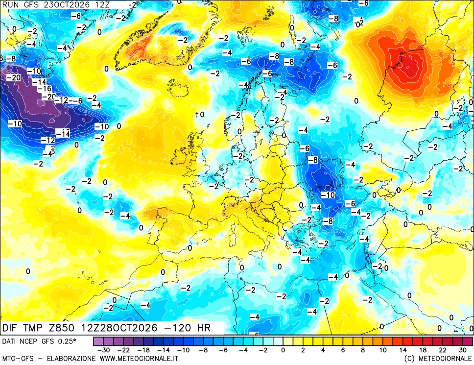 mappa Dif. Temp a 850 hPa Valid - Init