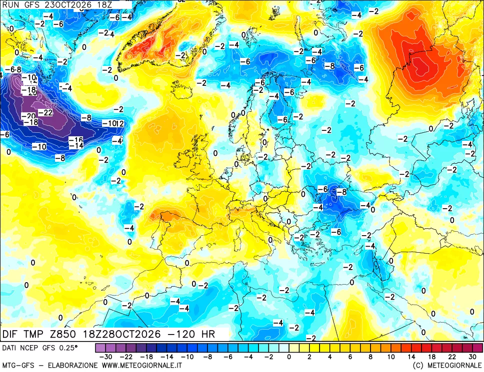 mappa Dif. Temp a 850 hPa Valid - Init