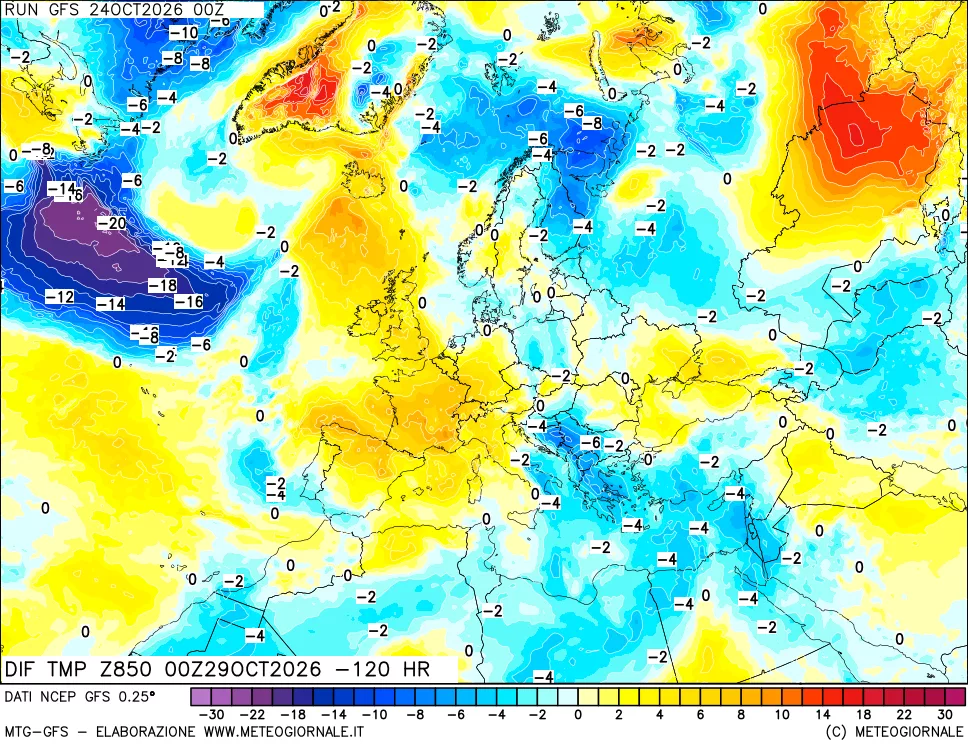 mappa Dif. Temp a 850 hPa Valid - Init
