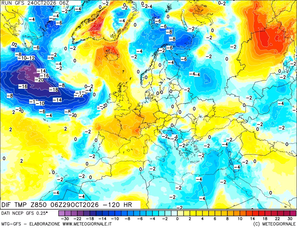 mappa Dif. Temp a 850 hPa Valid - Init
