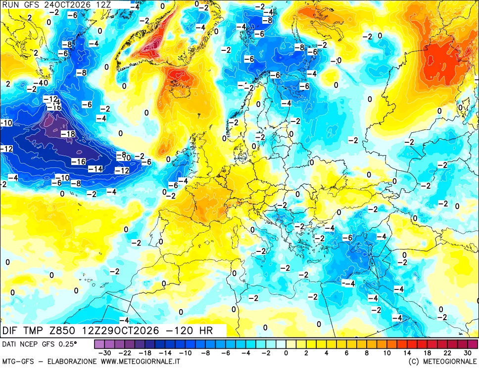 mappa Dif. Temp a 850 hPa Valid - Init