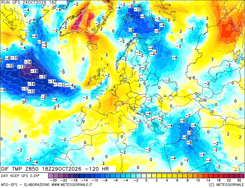 mappa Dif. Temp a 850 hPa Valid - Init