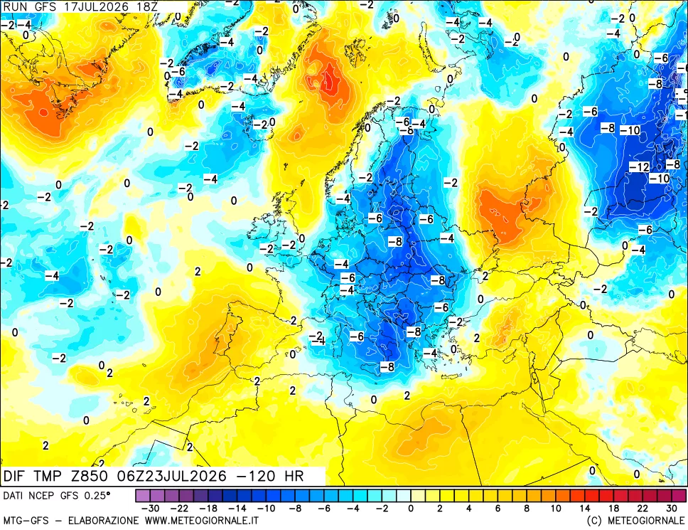 mappa Dif. Temp a 850 hPa Valid - Init