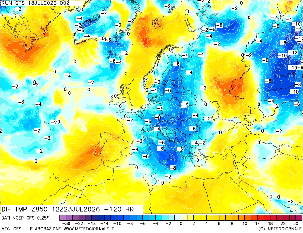 mappa Dif. Temp a 850 hPa Valid - Init
