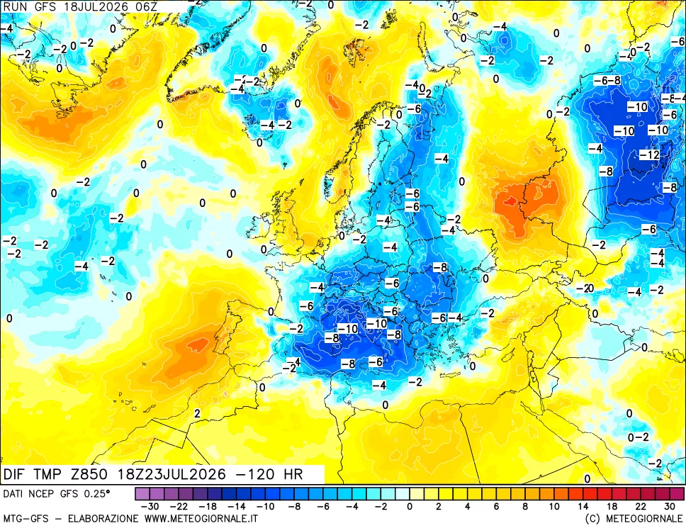 mappa Dif. Temp a 850 hPa Valid - Init