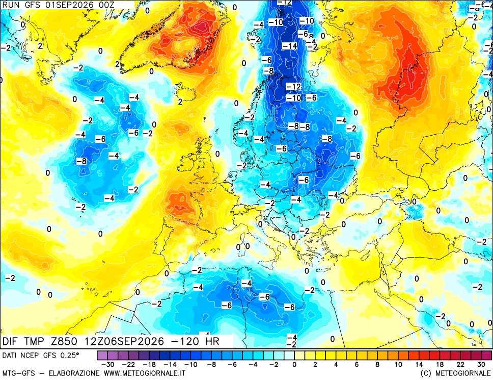 mappa Dif. Temp a 850 hPa Valid - Init
