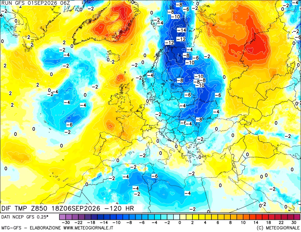 mappa Dif. Temp a 850 hPa Valid - Init
