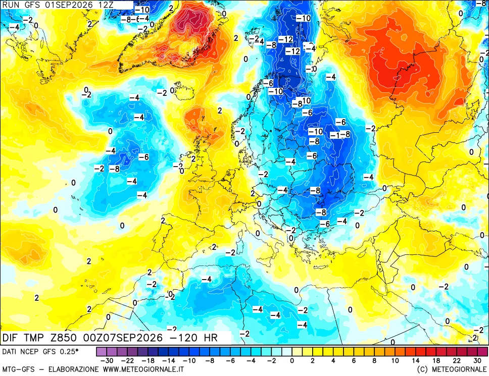 mappa Dif. Temp a 850 hPa Valid - Init