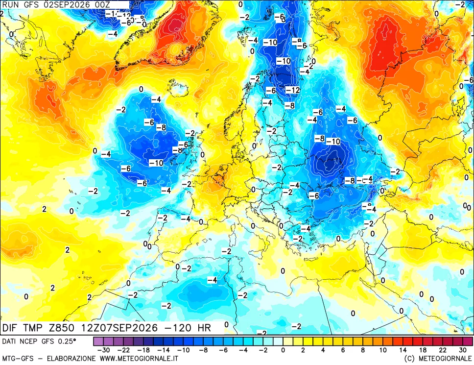 mappa Dif. Temp a 850 hPa Valid - Init
