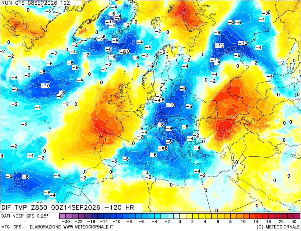 mappa Dif. Temp a 850 hPa Valid - Init