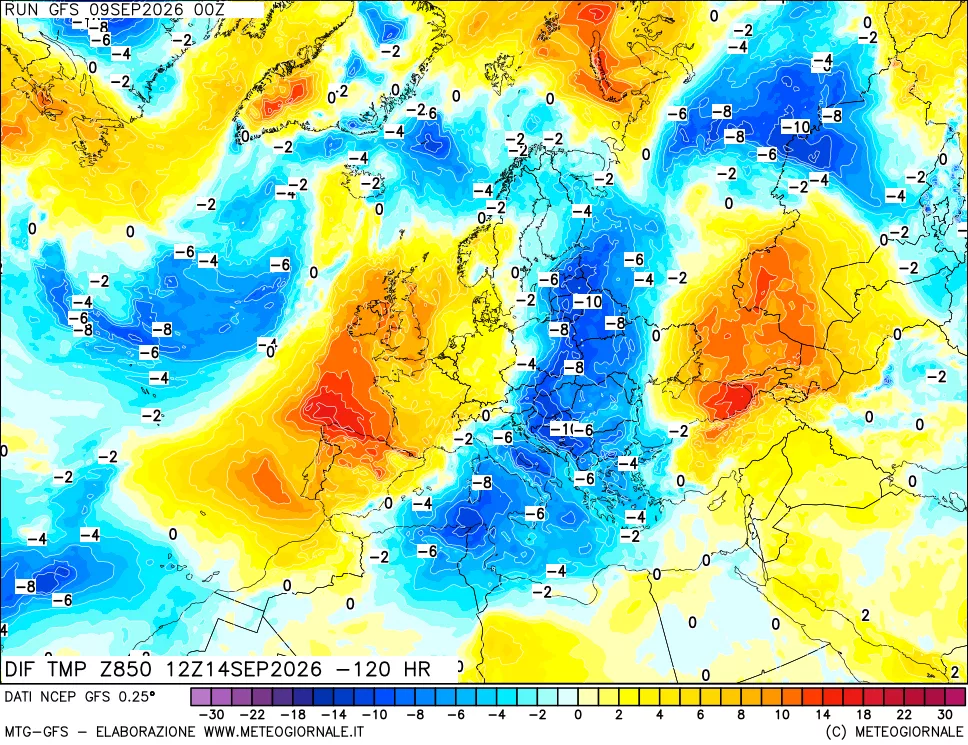 mappa Dif. Temp a 850 hPa Valid - Init