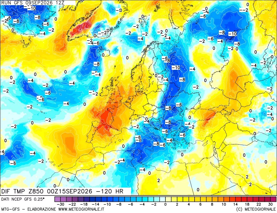 mappa Dif. Temp a 850 hPa Valid - Init