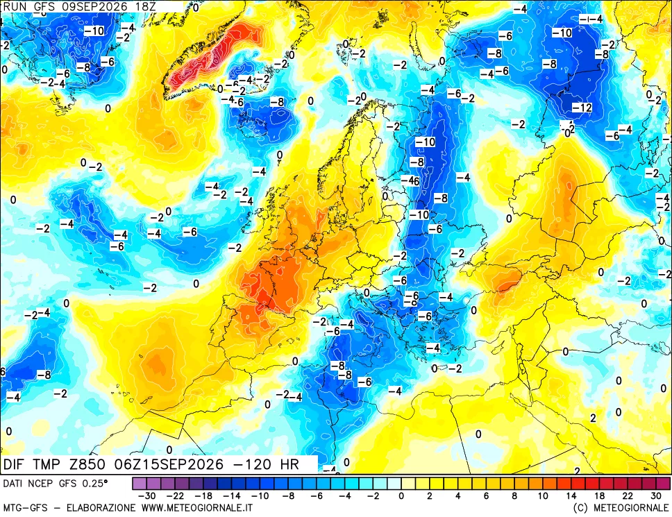 mappa Dif. Temp a 850 hPa Valid - Init