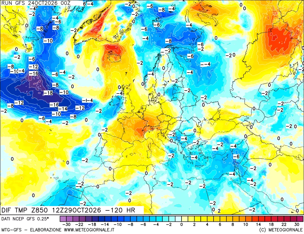 mappa Dif. Temp a 850 hPa Valid - Init