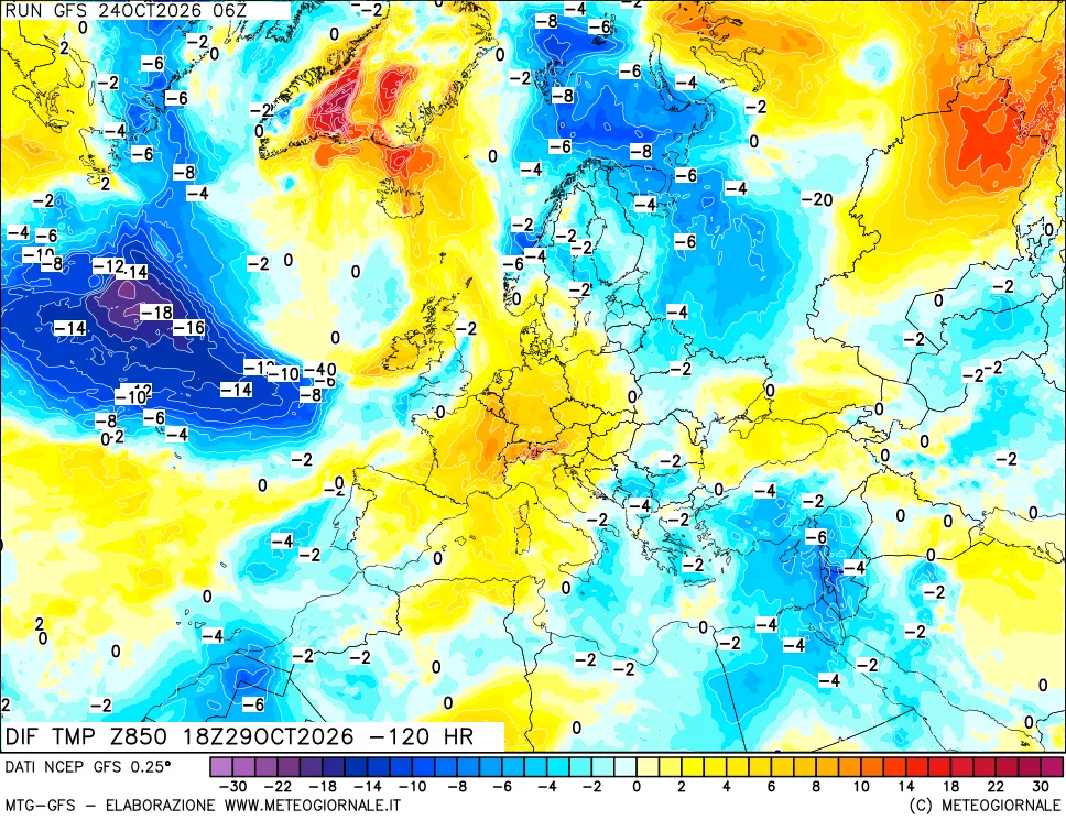 mappa Dif. Temp a 850 hPa Valid - Init