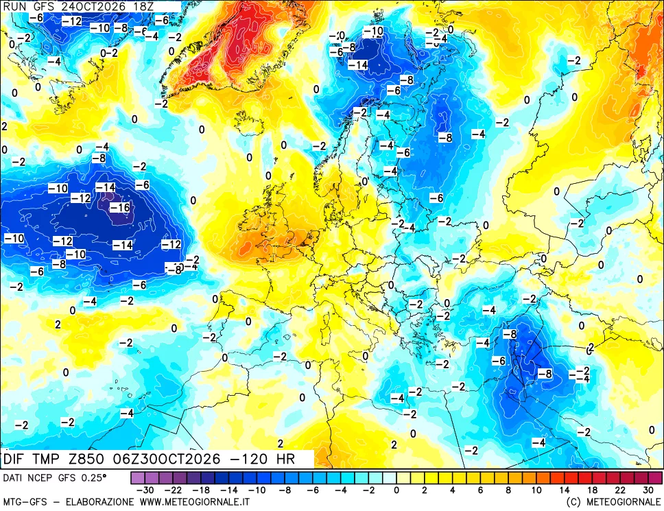 mappa Dif. Temp a 850 hPa Valid - Init