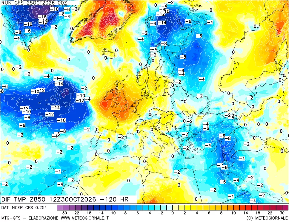 mappa Dif. Temp a 850 hPa Valid - Init