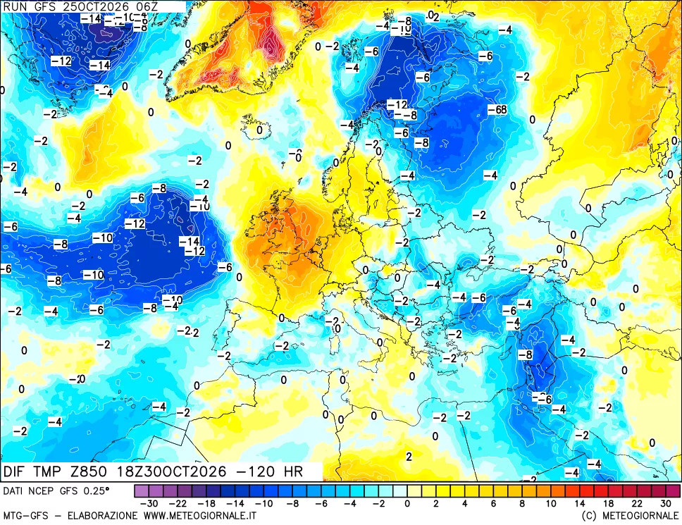 mappa Dif. Temp a 850 hPa Valid - Init