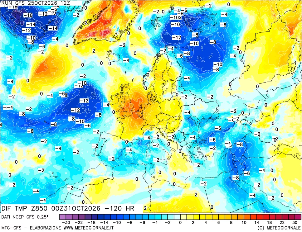 mappa Dif. Temp a 850 hPa Valid - Init