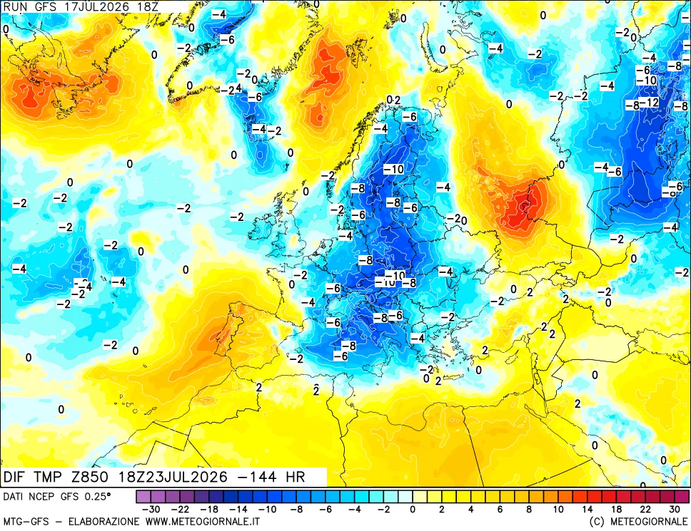 mappa Dif. Temp a 850 hPa Valid - Init