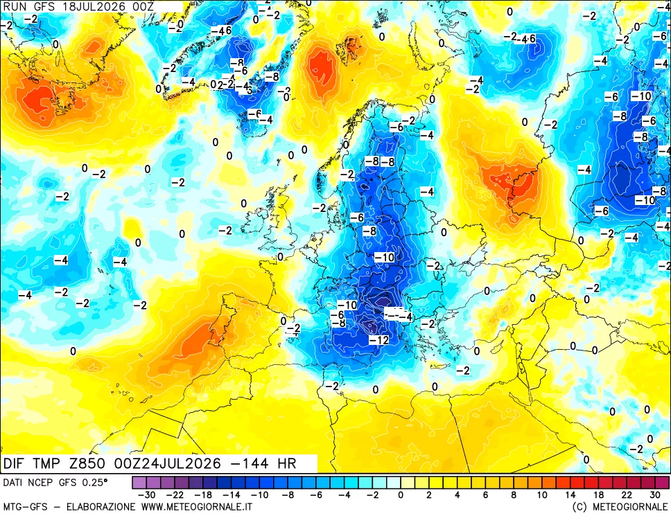 mappa Dif. Temp a 850 hPa Valid - Init
