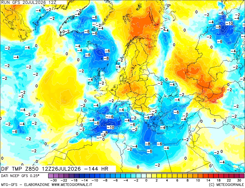 mappa Dif. Temp a 850 hPa Valid - Init