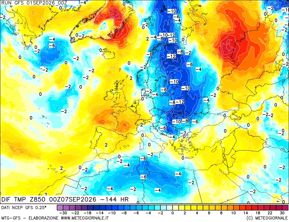 mappa Dif. Temp a 850 hPa Valid - Init