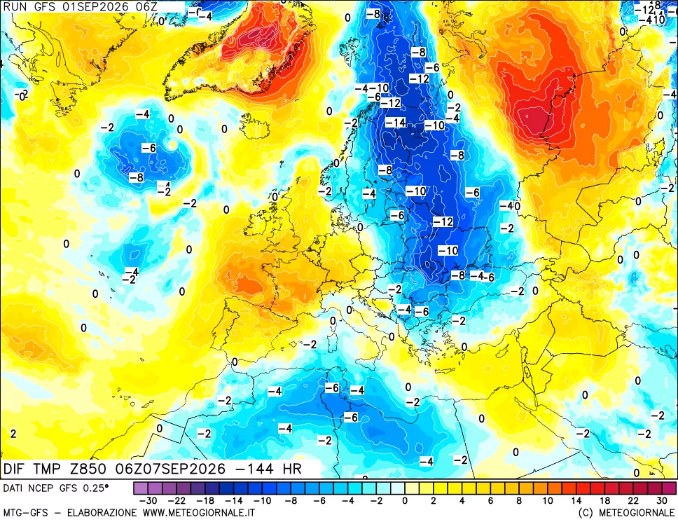 mappa Dif. Temp a 850 hPa Valid - Init