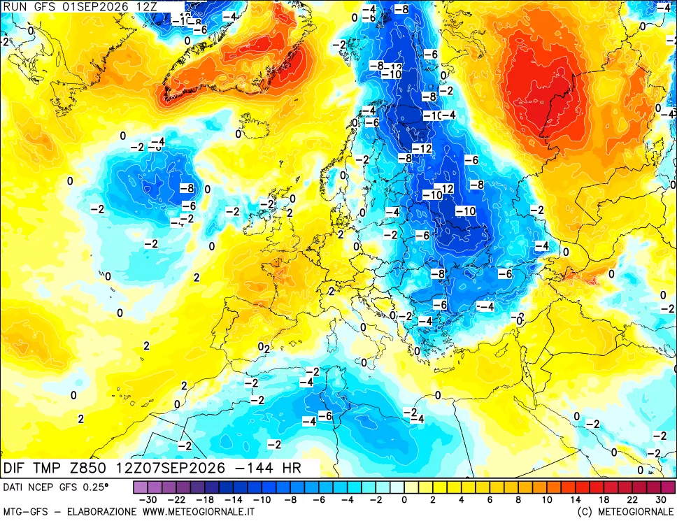 mappa Dif. Temp a 850 hPa Valid - Init