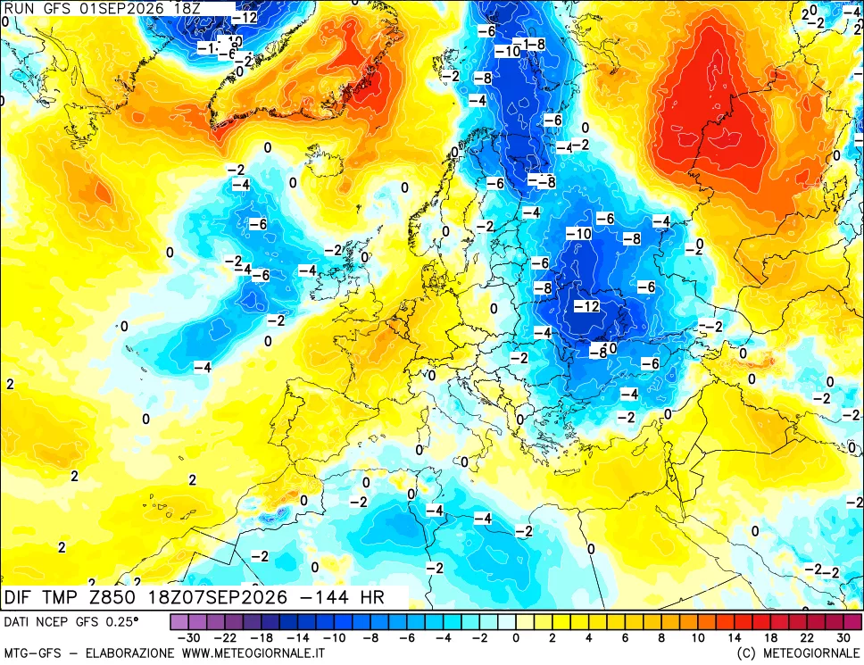 mappa Dif. Temp a 850 hPa Valid - Init