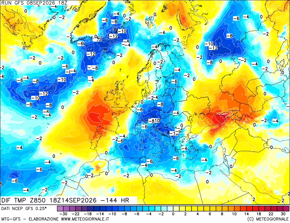 mappa Dif. Temp a 850 hPa Valid - Init