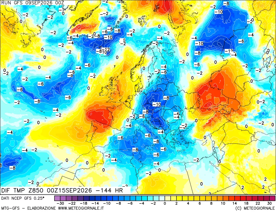 mappa Dif. Temp a 850 hPa Valid - Init