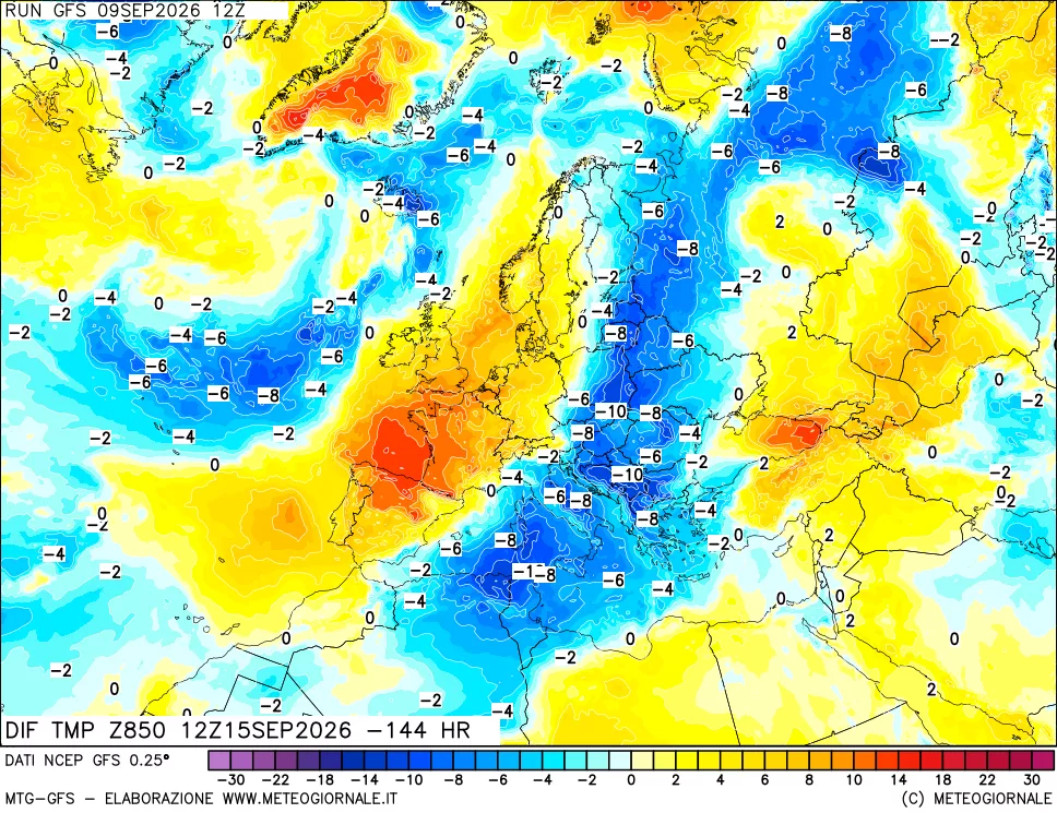 mappa Dif. Temp a 850 hPa Valid - Init
