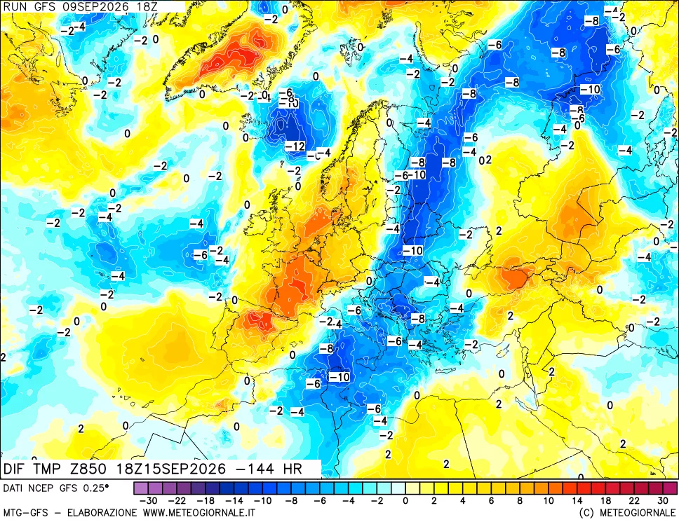 mappa Dif. Temp a 850 hPa Valid - Init