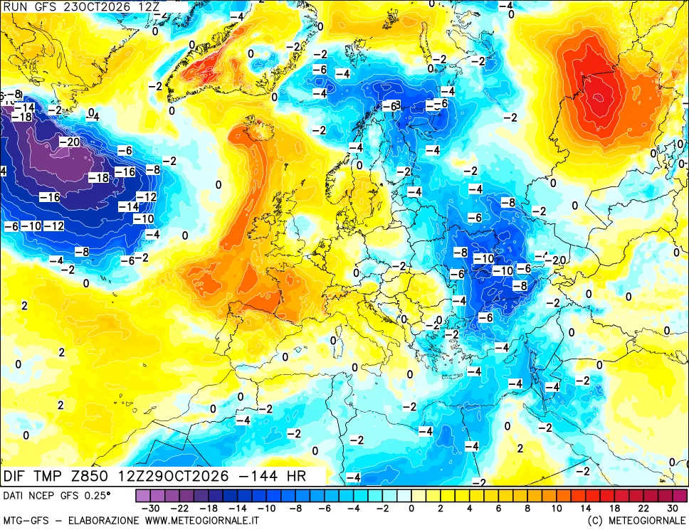 mappa Dif. Temp a 850 hPa Valid - Init