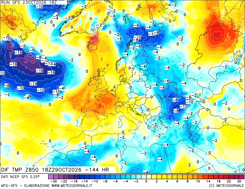 mappa Dif. Temp a 850 hPa Valid - Init
