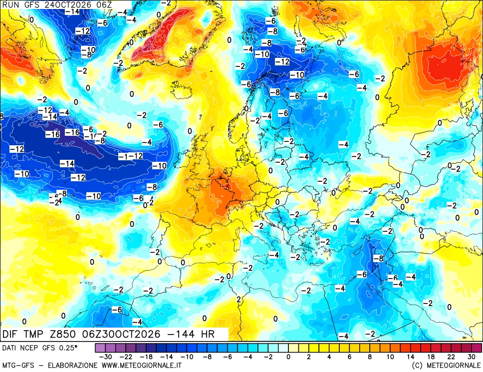 mappa Dif. Temp a 850 hPa Valid - Init