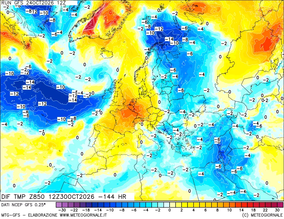 mappa Dif. Temp a 850 hPa Valid - Init