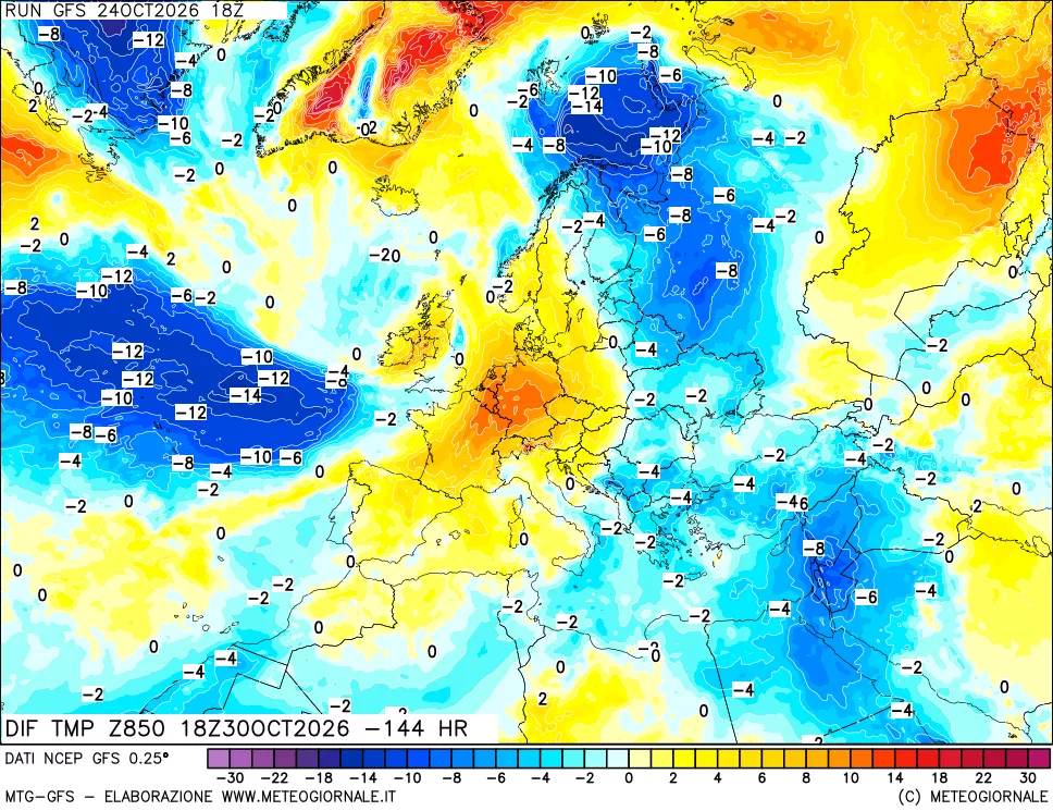 mappa Dif. Temp a 850 hPa Valid - Init