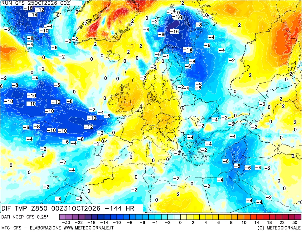 mappa Dif. Temp a 850 hPa Valid - Init